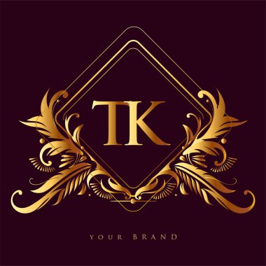 Temel logo harfi TK. Süslü ve klasik desenli altın rengi var. İş ve şirket kimliği için vektör logosu..