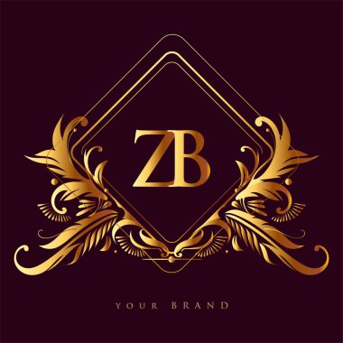 ZB harfli ilk logo. Süslü ve klasik desenli altın rengi var. İş ve şirket kimliği için vektör logosu..