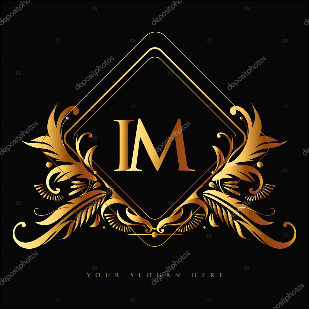 Initial logo letter IM with golden color with ornaments and classic pattern, vector logo for business and company identity.