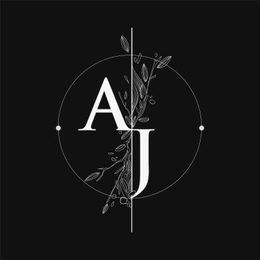 Harf AJ El Çizimi Çiçekli İlk Logo, Çember ve Çiçekli Düğün Yazı Tipi Logosu.