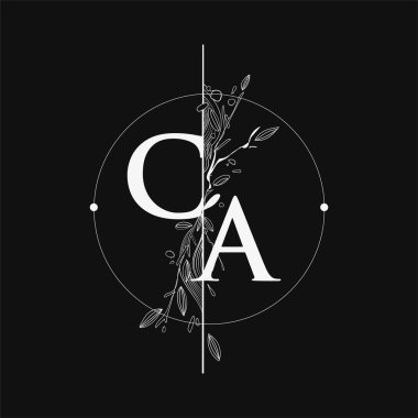 CA Harfi El Çizimi Çiçekli İlk Logo, Çember ve Çiçekli Düğün Yazı Tipi Logosu.