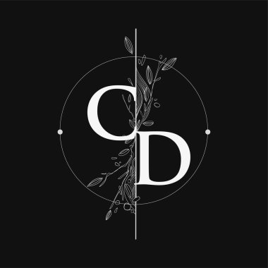 Harf CD El Çizimi Çiçekli İlk Logo, Çember ve Çiçekli Düğün Yazı Tipi Logosu.