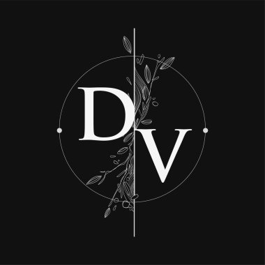 Harf DV El Çizimi Çiçekli İlk Logo, Çember ve Çiçekli Düğün Yazı Tipi Logosu.
