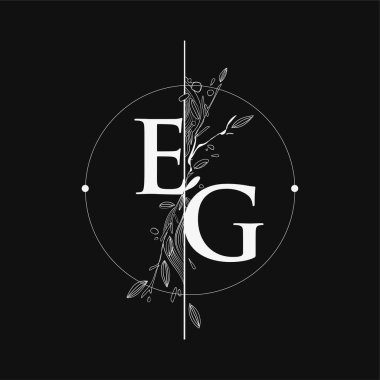 EG harfinin baş logosu. Çiçek El Çizimi, Çember ve Çiçekli Düğün Yazı Tipi Logosu..