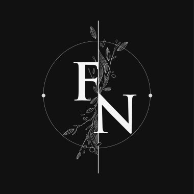 El Çizimi Çiçekli FN İlk Logosu, Çember ve Çiçekli Düğün Yazı Tipi Logosu.