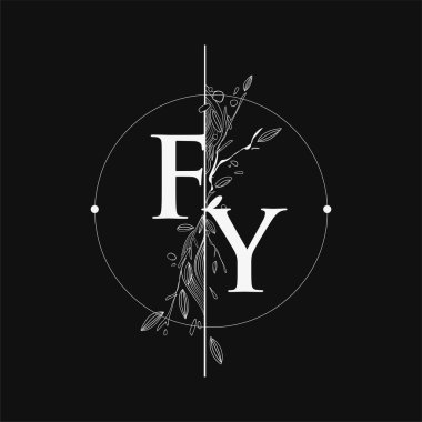 Harf FY El Çizimi Çiçekli İlk Logo, Çember ve Çiçekli Düğün Yazı Tipi Logosu.