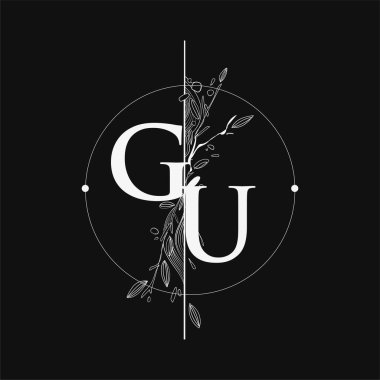 El Yazısı Çiçekli GU İlk Logosu, Çember ve Çiçekli Düğün Yazı Tipi Logosu.