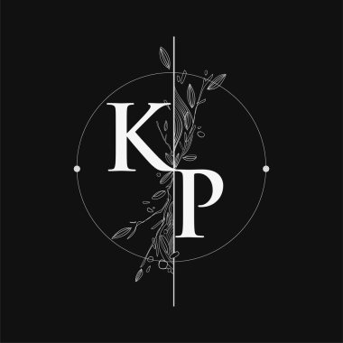 Harf KP El Çizimi Çiçekli İlk Logo, Çember ve Çiçekli Düğün Yazı Tipi Logosu.