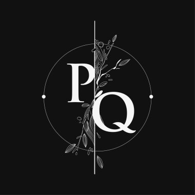 Harf PQ El Çizimi Çiçekli İlk Logo, Çember ve Çiçekli Düğün Yazı Tipi Logosu.