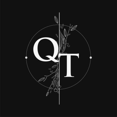 El Çizimi Çiçekli QT İlk Logosu, Çember ve Çiçekli Düğün Yazı Tipi Logosu.