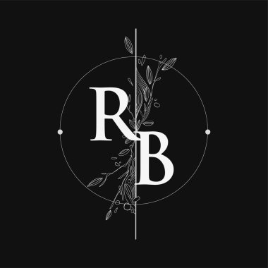 Harf RB El Çizimi Çiçekli İlk Logo, Çember ve Çiçekli Düğün Yazı Tipi Logosu.
