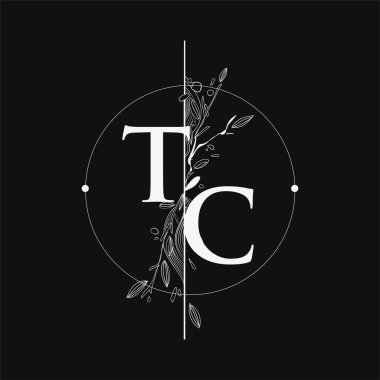 Harf TC El Çizimi Çiçekli İlk Logo, Çember ve Çiçekli Düğün Yazı Tipi Logosu.