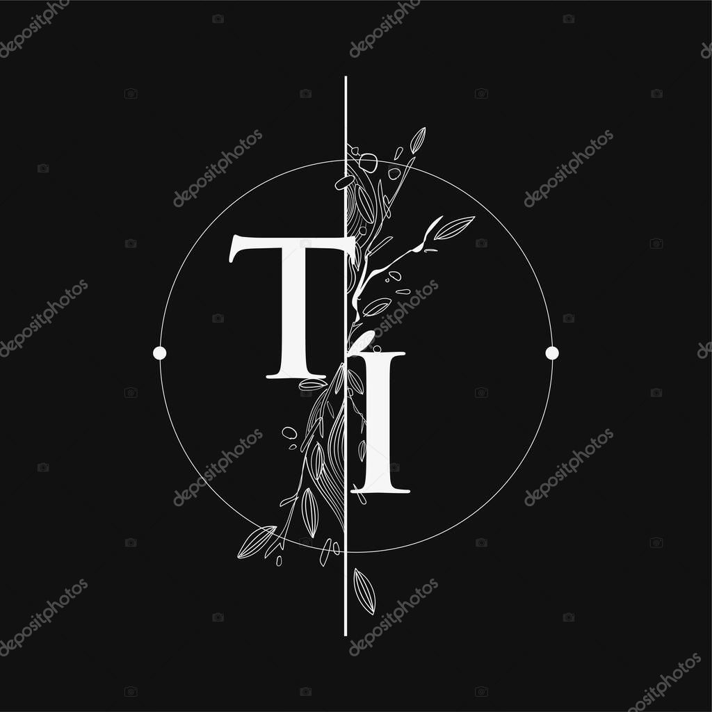 Letter TI Initial Logo with Hand Draw Floral, Initial Wedding Font Logo with Circle and Flowers.