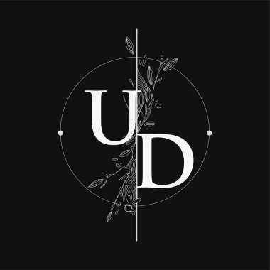 El Çizimi Çiçekli UD Baş Logosu, Çember ve Çiçekli Düğün Yazı Tipi Logosu.