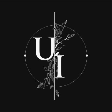 Harf UI El Çizimi Çiçekli İlk Logo, Çember ve Çiçekli Düğün Yazı Tipi Logosu.