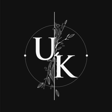 Harf UK El Çizimi Çiçekli İlk Logo, Çember ve Çiçekli Düğün Yazı Tipi Logosu.