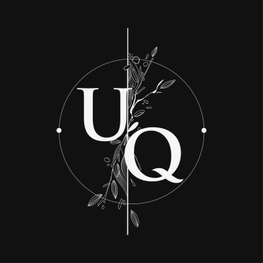 Harf UQ Baş Logosu El Çizimi Çiçek, Düğün Yazı Tipi Logosu Çember ve Çiçekler.