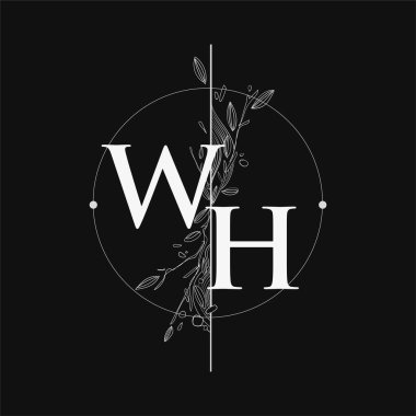 WH Harfi El Çizimi Çiçekli İlk Logo, Çember ve Çiçekli Düğün Yazı Tipi Logosu.