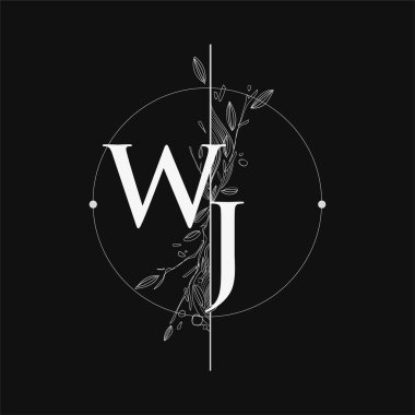 WJ Harfi El Çizimi Çiçekli Baş Logosu, Çember ve Çiçekli Düğün Yazı Tipi Logosu.
