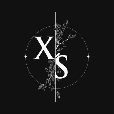 Harf XS El Çizimi Çiçekli İlk Logo, Çember ve Çiçekli Düğün Yazı Tipi Logosu.