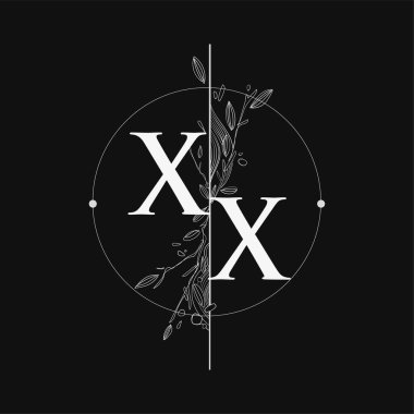Harf XX El Çizimi Çiçekli İlk Logo, Çember ve Çiçekli Düğün Yazı Tipi Logosu.