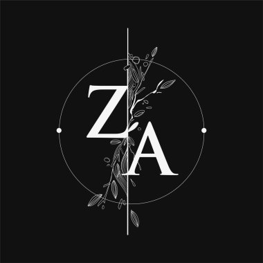 El Çizimi Çiçekli ZA Baş Logosu, Çember ve Çiçekli Düğün Yazı Tipi Logosu.