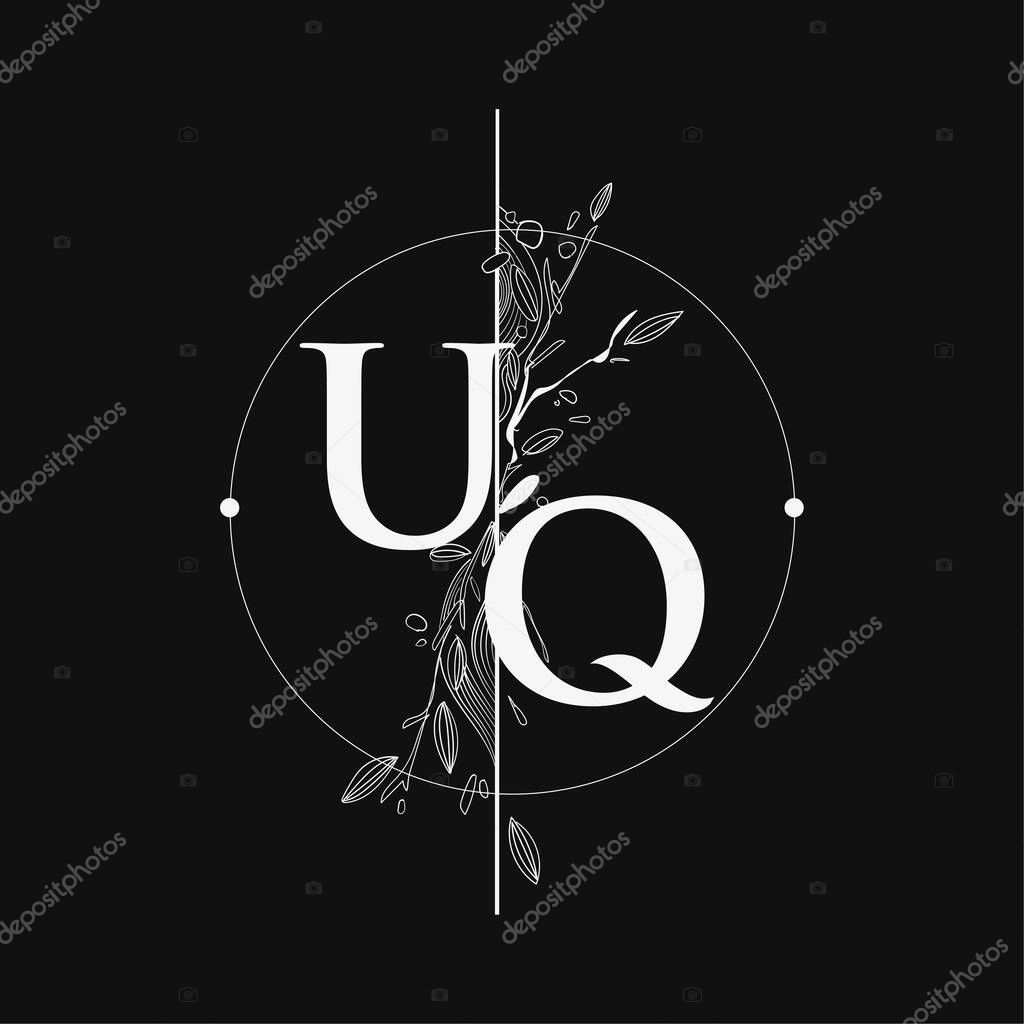 Letter UQ Initial Logo with Hand Draw Floral, Initial Wedding Font Logo with Circle and Flowers.