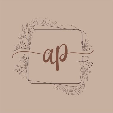 AP Mektup Logosu, Çiçek El Çizimi, Düğün Yazı Tipi Logosu ve İş Kimliği.