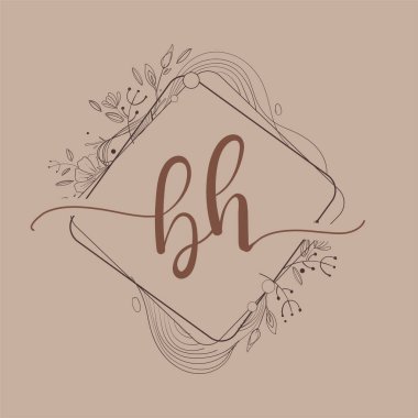 BH Mektubu Çiçek El Çizen İlk Logo, Düğün Yazı Tipi Logosu ve İş veya Şirket Kimliği.