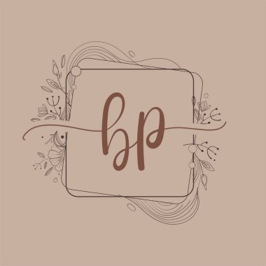 Harfli BP İlk Logosu Çiçek Çiz, Düğün Yazı Tipi Logosu ve Şirket Kimliği.