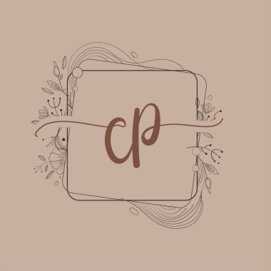 CP Mektup Logosu. Çiçek El Çizimi, Düğün Yazı Tipi Logosu ve Şirket Kimliği..