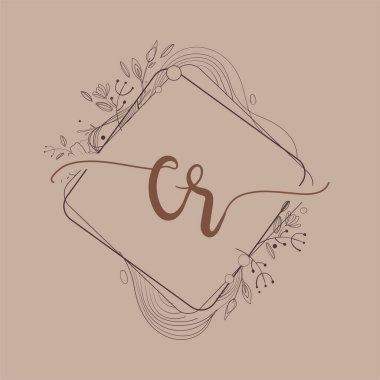 Harf CR El Çizimi Çiçek, Düğün Yazı Tipi Logosu ve Şirket Kimliği.