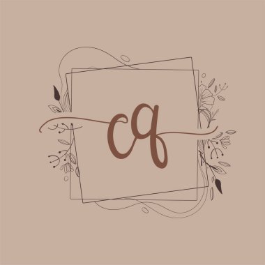 Harf CQ El Çizimi Çiçek, Düğün Yazı Tipi Logosu ve Şirket Kimliği.