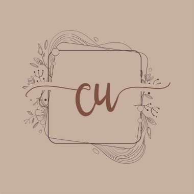 Harf CU El Çizimi Çiçek, Düğün Yazı Tipi Logosu ve Şirket Kimliği.