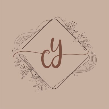 Harf CY El Çizimi Çiçek, Düğün Yazı Tipi Logosu ve Şirket Kimliği.