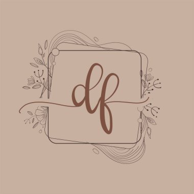 El Çizimi Çiçek, Düğün Yazı Tipi Logosu ve Şirket Kimliği ile DF İlk Logosu.