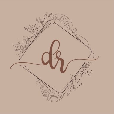 El Çizimi Çiçek, Düğün Yazı Tipi Logosu ve İş veya Şirket Kimliği ile DR İlk Logosu.