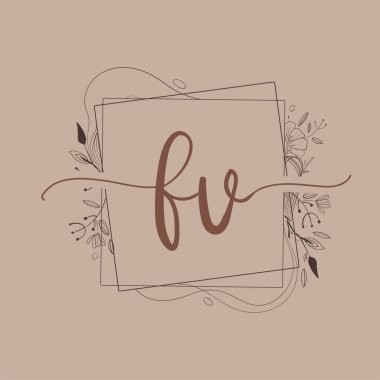 Harf FV El Çizimi Çiçek, Düğün Yazı Tipi Logosu ve Şirket Kimliği.