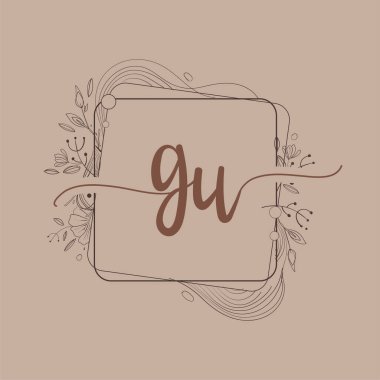 El Çizimi Çiçekli GU İlk Logosu Düğün Yazı Tipi Logosu ve İş veya Şirket Kimliği.