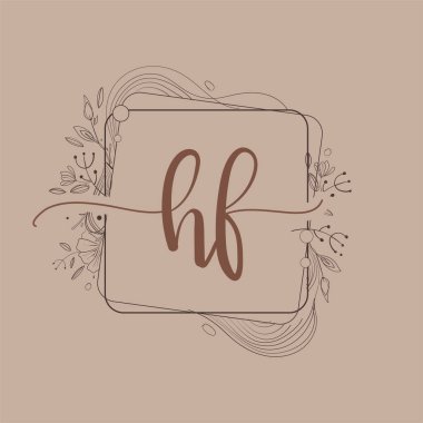 El Çizimi Çiçek, Düğün Yazı Tipi Logosu ve İş veya Şirket Kimliği ile HF İlk Logosu.