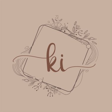 KI Harfi El Çizimi Çiçek, Düğün Yazı Tipi Logosu ve Şirket Kimliği.