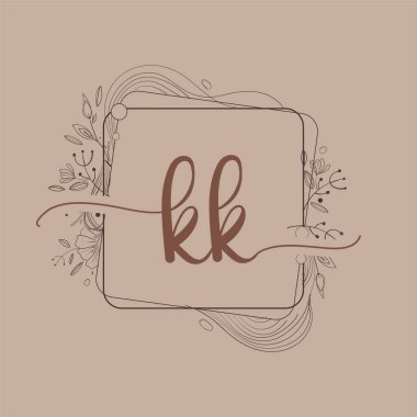 KK Mektubu Çiçek El Çizen İlk Logo Düğün Yazı Tipi Logosu ve İş Kimliği.