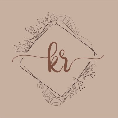 Harf KR El Çizimi Çiçek, Düğün Yazı Tipi Logosu ve Şirket Kimliği.