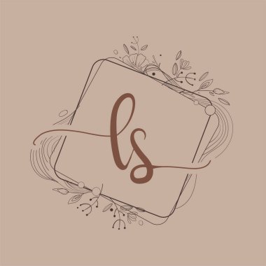 LS İlk Logosu El Çizimi Çiçek, Düğün Yazı Tipi Logosu ve İş Kimliği.