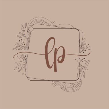 LP harfli ilk amblem. Çiçek El Çizimi, Düğün Yazı Tipi Logosu ve Şirket Kimliği..