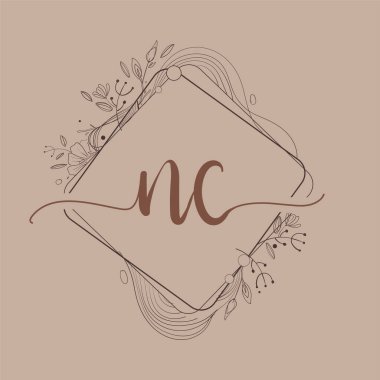 El Çizimi Çiçek, Düğün Yazı Tipi Logosu ve İş veya Şirket Kimliği ile NC İlk Logosu.