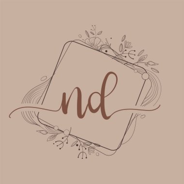 ND mektubu. Çiçek El Çizimi Logosu, Düğün Yazı Tipi Logosu ve Şirket Kimliği..