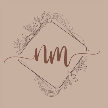 El Çizimi Çiçek, Düğün Yazı Tipi Logosu ve Şirket Kimliği ile NM İlk Logosu.