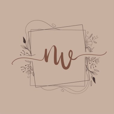 El Çizimi Çiçek, Düğün Yazı Tipi Logosu ve İş veya Şirket Kimliği ile NV İlk Logosu.