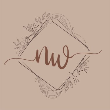 El Çizimi Çiçekli NW Harfi Düğün Yazı Tipi Logosu ve Şirket Kimliği.
